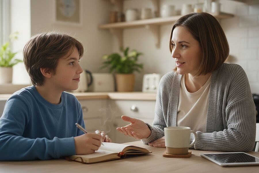 An adult and a child working together at a kitchen table, papers spread between them.