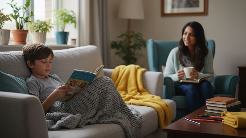 A boy reading on a sofa under a blanket, an adult reading in an armchair behind him.