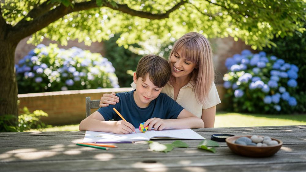 A child writing at a garden table on a summer afternoon, an adult alongside, leaves and pencils spread across the table.