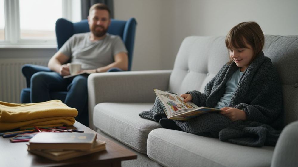 A living room mid-afternoon: a child reading on the sofa, an adult with a mug in the armchair, books on the table.
