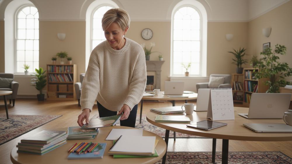 A village hall before a session: one organiser laying out books, pencils and paper across two tables.
