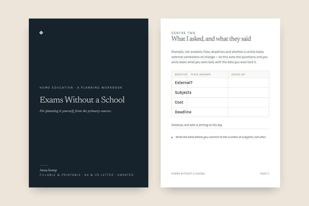 The cover of Exams Without a School beside an interior page of questions to ask an exam centre, with empty answer and date columns.