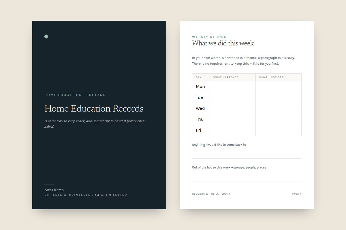 The cover of Home Education Records beside a weekly record page with a three-column table and two writing prompts below it.