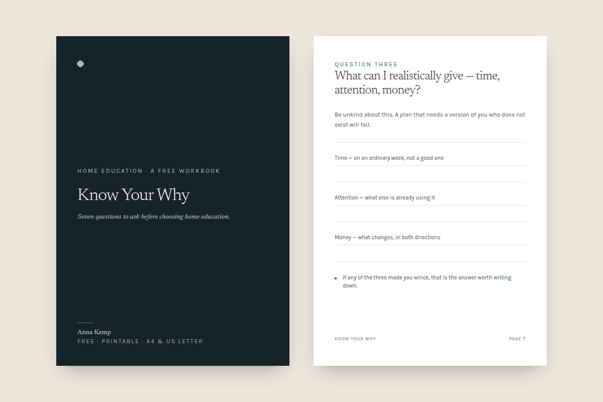 The cover of Know Your Why beside an interior page headed &ldquo;What can I realistically give &mdash; time, attention, money?&rdquo;, with writing lines under each of the three.