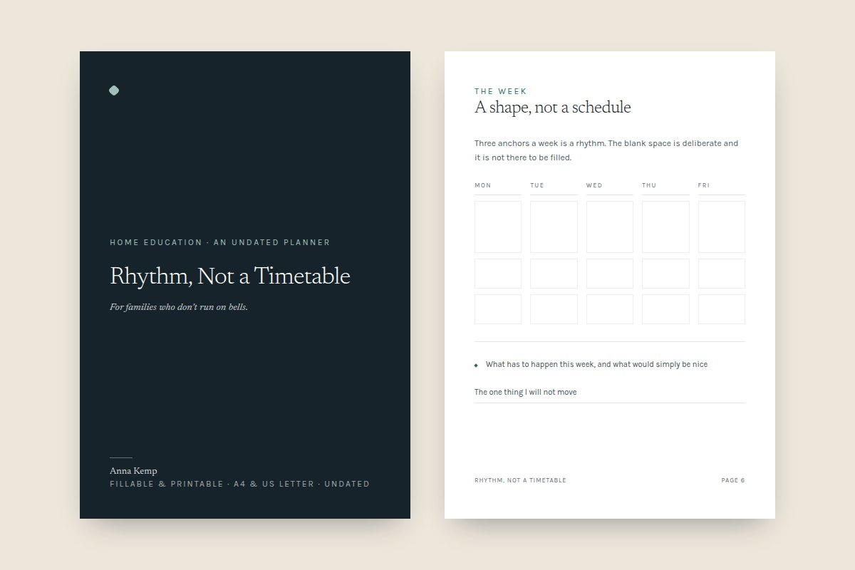 The cover of Rhythm, Not a Timetable beside a week page laid out as five columns of blank boxes, one per weekday.
